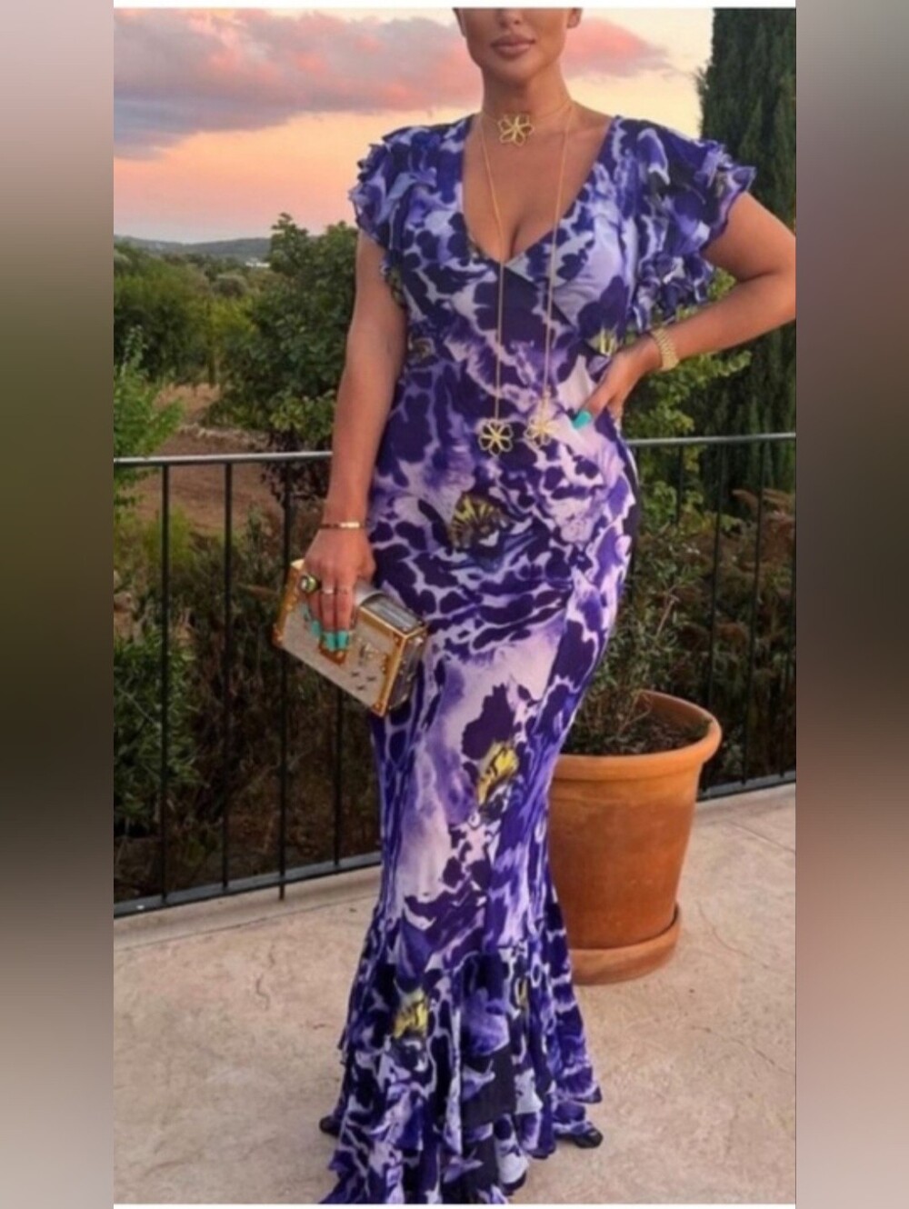 Rat & Boa Purple Floral V-Neck Ruffle Maxi Dress